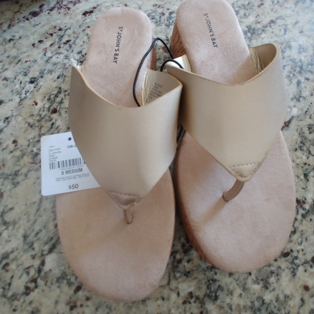 St. John's Bay Nude/Tan Wedge Thong Sandals Size 8